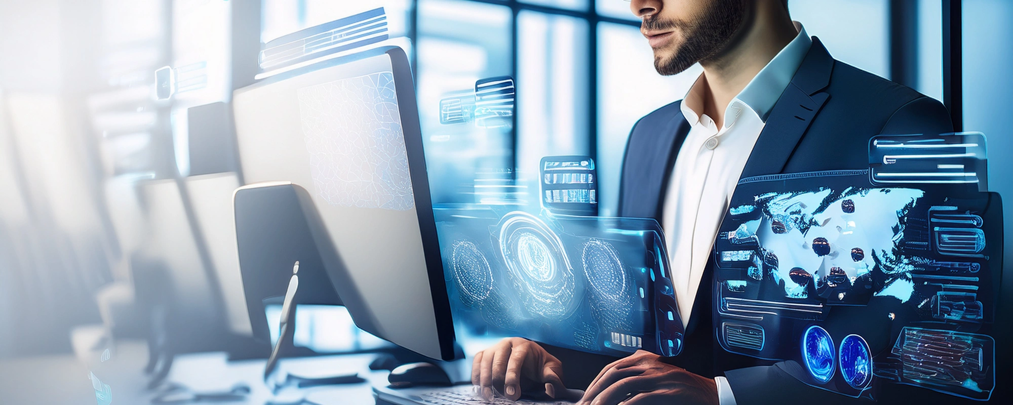 Ilustracja przedstawiająca dedykowany system informatyczny dla różnych branż, z integracją API i zarządzaniem danymi